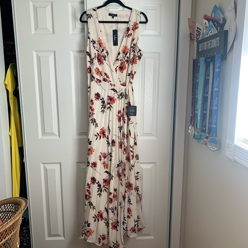 Lindsie Ivory Multi Floral Print Pleated Wrap Maxi Dress